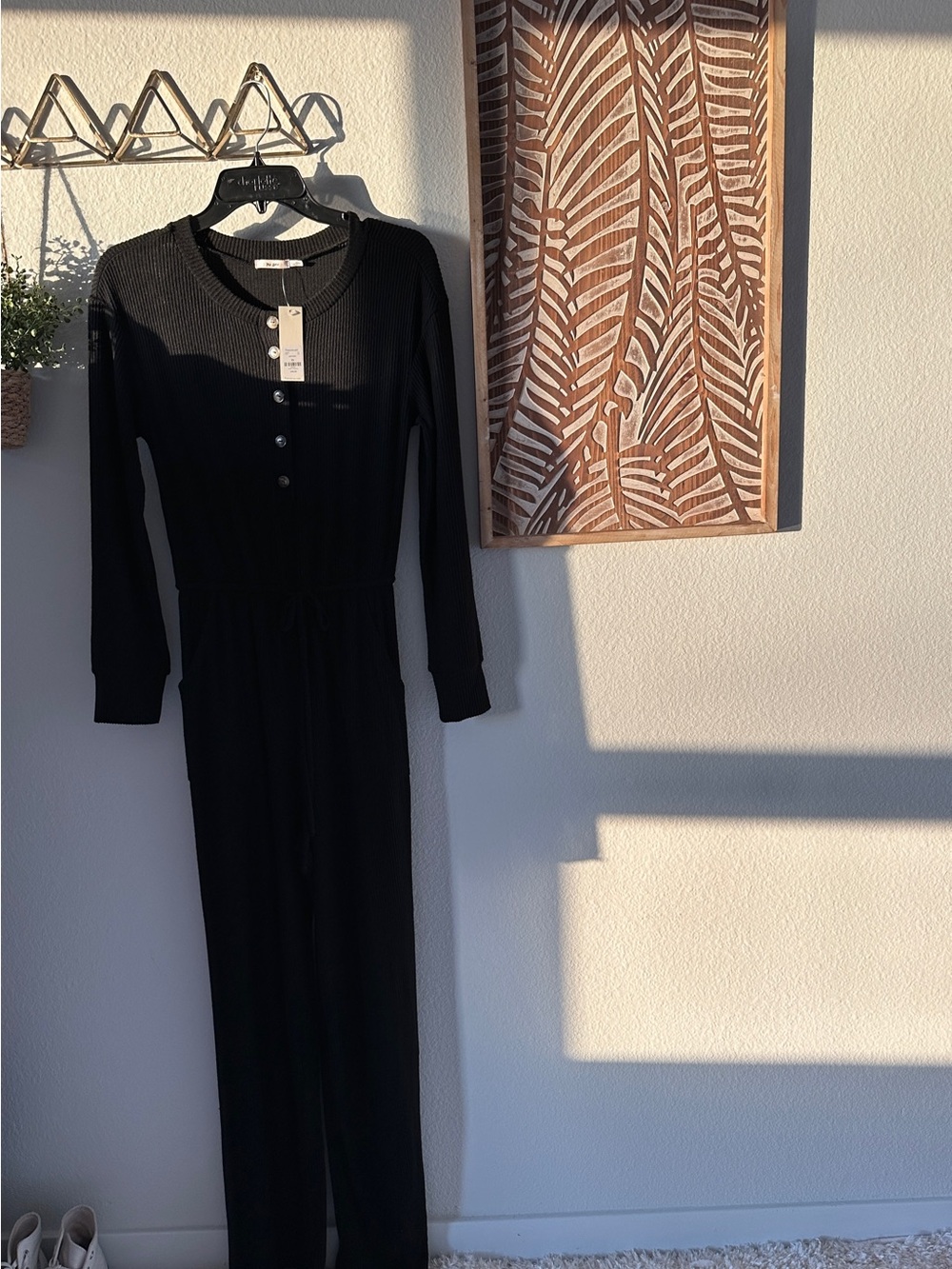 Black Ribbed Long-Sleeve Jumpsuit Dress